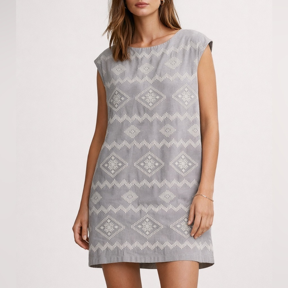 Aritzia Wilfred Blondelle XS Grey + White Embroidered Linen Blend Shift Dress